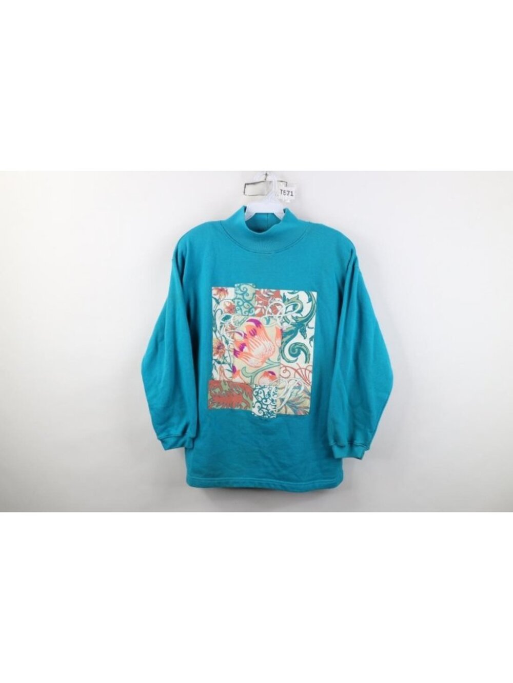 Vtg 90s Streetwear Womens Medium Abstract Art Flower Mock Neck Sweatshirt Blue